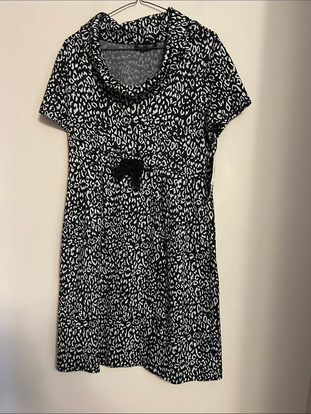 Perceptions Black and White Leopard Print Dress with Bow at Waist. Size 12.  NWT